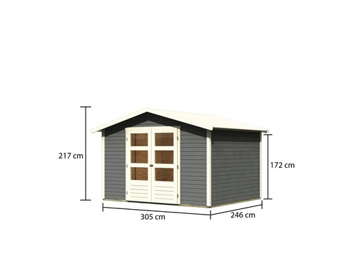 Gartenhaus aus Holz mit Doppeltür und den Maßen 305 x 246 x 217 cm
