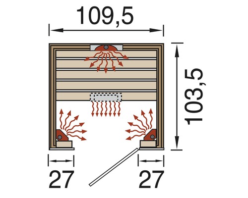 Technische Zeichnung einer Sauna mit Maßangaben.