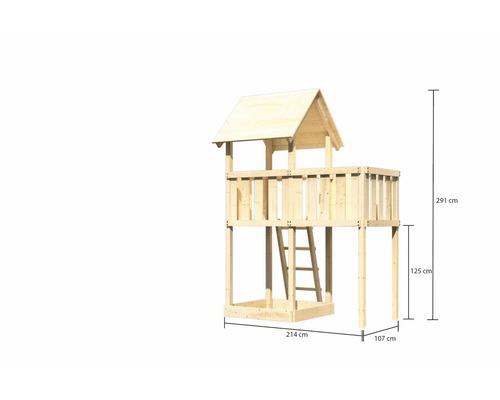 Tour de jeux en bois mesurant 214 cm x 107 cm x 291 cm