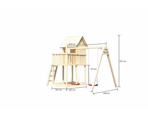 Tour de jeu en bois avec balançoire et les dimensions 264 cm, 125 cm, 291 cm, 107 cm, 202 cm et 240 cm