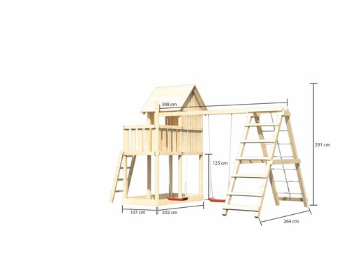 Abmessungen eines Spielturms aus Holz mit Schaukel und Kletterleiter