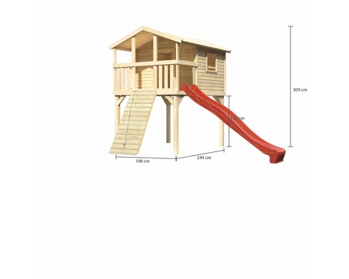 Maison de jeux en bois avec toboggan et échelle, dimensions indiquées