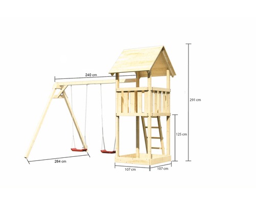Tour de jeu en bois avec balançoire et dimensions 240 cm x 264 cm x 291 cm