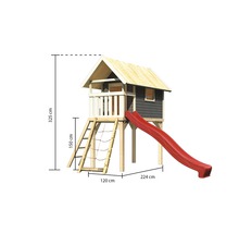 Spielhaus mit Rutsche, Leiter und Kletternetz mit den Maßen 325 cm Höhe, 120 cm Breite und 224 cm Tiefe