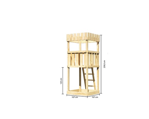 Spielturm aus Holz mit Leiter und den Maßen 107 cm x 107 cm x 259,5 cm