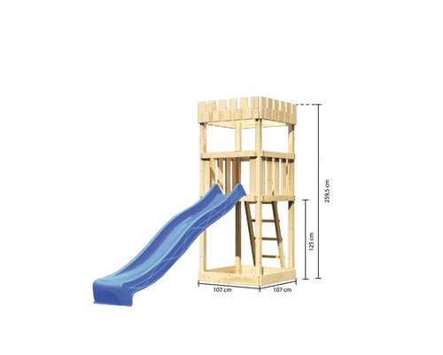 Tour de jeu en bois avec toboggan et échelle, et indications de hauteur.