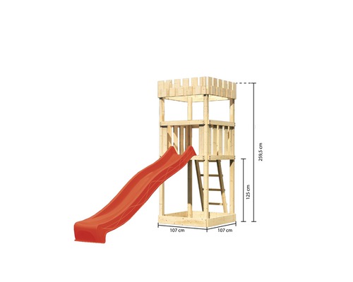 Tour de jeu avec toboggan et dimensions de 259,5 cm de hauteur, 107 cm de largeur et 125 cm de hauteur d''escalade.