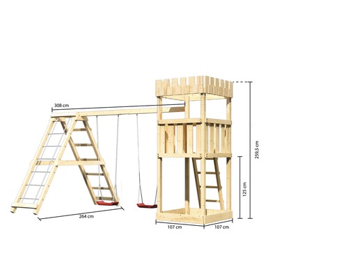 Tour de jeu avec balançoire et échelle d''escalade en bois avec dimensions