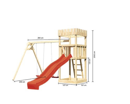 Tour de jeux avec balançoire et toboggan en bois avec dimensions