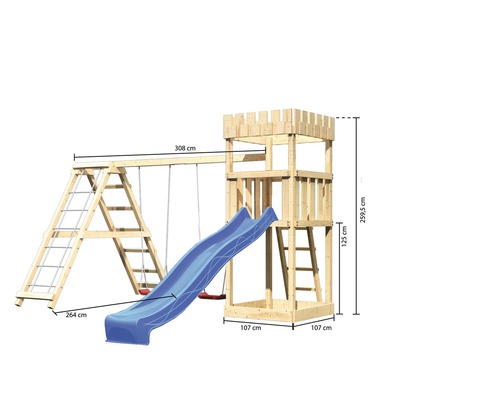 Tour de jeux en bois avec toboggan et balançoire avec dimensions
