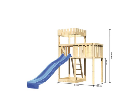 Tour de jeu en bois avec toboggan et échelle, dimensions incluses