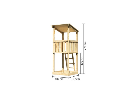 Spielturm aus Holz mit den Maßen 107 cm x 107 cm x 270 cm