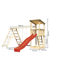 Aire de jeux en bois avec balançoire, mur d''escalade et toboggan avec dimensions