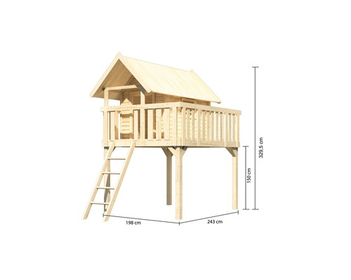 Cabane de jeux en bois avec échelle et dimensions 198 cm x 243 cm x 329,5 cm
