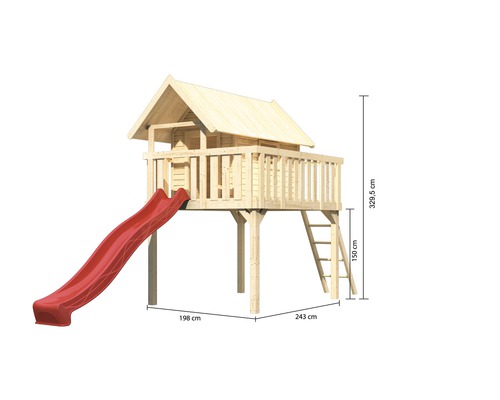 Cabane de jeu en bois avec toboggan et échelle, dimensions indiquées
