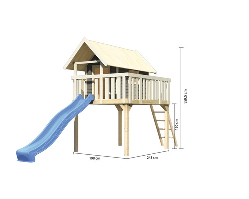 Spielhaus mit Rutsche und Leiter sowie Maßangaben