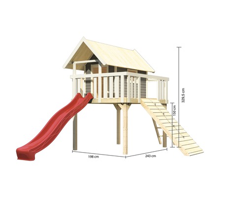 Spielturm aus Holz mit Rutsche und Leiter, Maße 198 cm x 243 cm x 329,5 cm