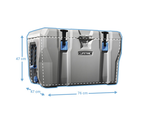 Graue Kühlbox mit den Maßen 47 cm x 47 cm x 76 cm.