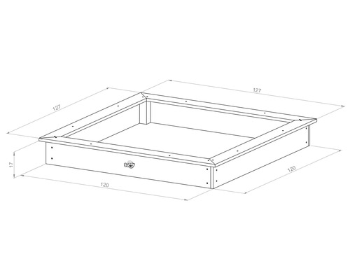 Schéma technique d''un bac à sable mesurant 127 x 120 x 17 centimètres.