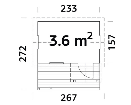 Plan de jardin avec des dimensions de 233 sur 272 centimètres.