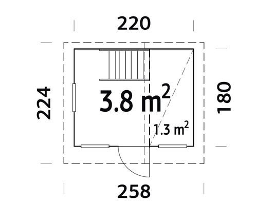 Plan d''un abri de jardin avec des dimensions de 220 x 224 x 258 x 180 cm et une surface de 3,8 mètres carrés
