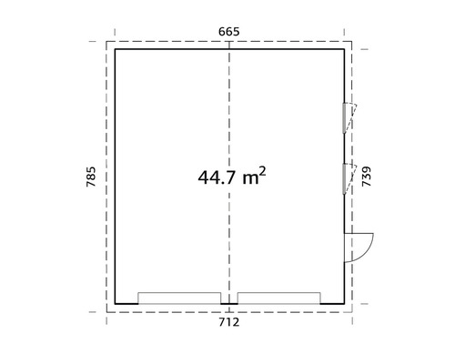 Plan au sol avec les dimensions d''un abri de jardin, surface de 44,7 mètres carrés.