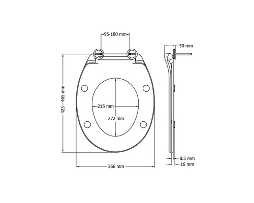 Schéma technique d''un siège de WC avec indications de dimension