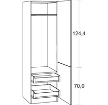 Schéma d''une armoire avec étagère, tringle et deux tiroirs