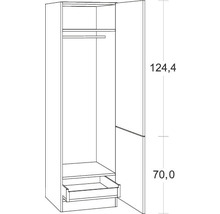Dessin d''une armoire ouverte avec étagère, tiroir et tringle