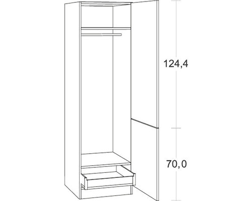 Dessin d''une armoire ouverte avec étagère, tiroir et tringle
