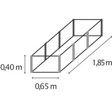 Illustration eines Hochbeets mit den Maßen 0,40 Meter Höhe, 0,65 Meter Breite und 1,85 Meter Länge