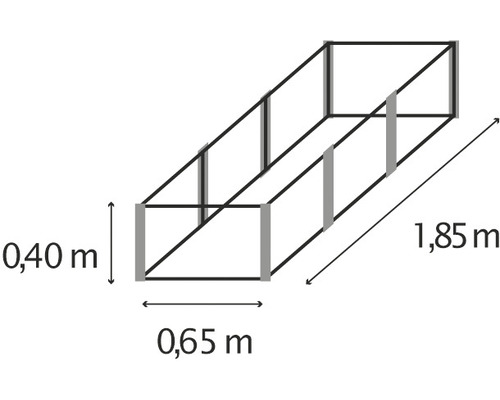 Illustration d''un potager surélevé mesurant 0,40 mètre de haut, 0,65 mètre de large et 1,85 mètre de long