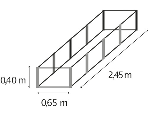 Vue de dessus d''un kit de montage pour un potager surélevé mesurant 0,40 mètre sur 0,65 mètre sur 2,45 mètres.