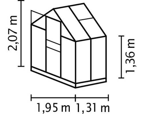 Dimensions d''une serre : 2,07 m de haut, 1,95 m et 1,31 m de large, hauteur des parois latérales de 1,36 m