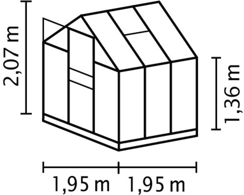 Dessin technique d''une serre avec des dimensions de 1,95 mètre par 1,95 mètre de surface au sol, 1,36 mètre de hauteur latérale et 2,07 mètres de hauteur totale.
