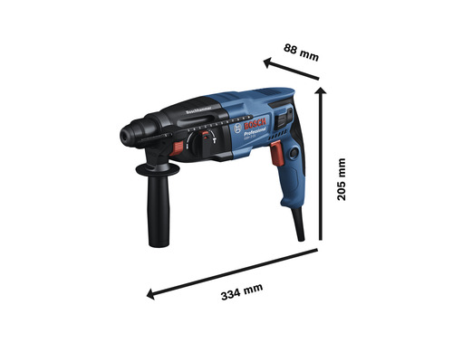 Marteau perforateur Bosch avec des dimensions de 334 mm de longueur, 205 mm de hauteur et 88 mm de largeur.