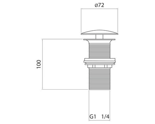Dessin technique d''un bouchon de lavabo avec des dimensions de 72 mm de diamètre et 100 mm de hauteur, ainsi qu''un filetage G1 1/4 pouce