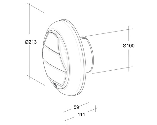 Dessin technique d''un clapet de ventilation rond avec les dimensions 213 millimètres, 100 millimètres, 59 millimètres et 111 millimètres.