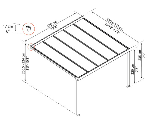 Schéma technique d''un toit de terrasse avec indication des dimensions