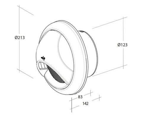 Schéma technique d''un clapet à disque rond avec les dimensions diamètre 213 millimètres et 123 millimètres ainsi que 83 millimètres et 142 millimètres