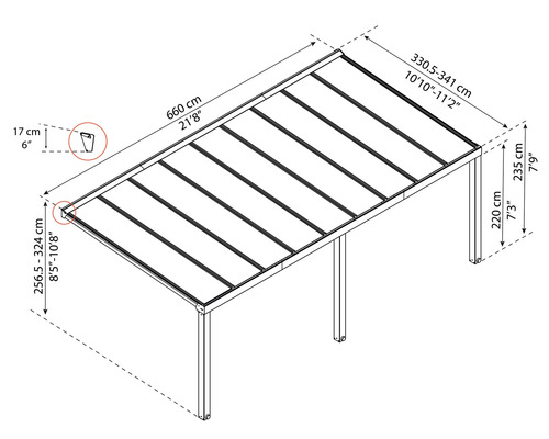 Dimensions d''un toit de terrasse avec une longueur de 660 cm, une largeur de 330,5 à 341 cm et une hauteur de 220 cm à 235 cm