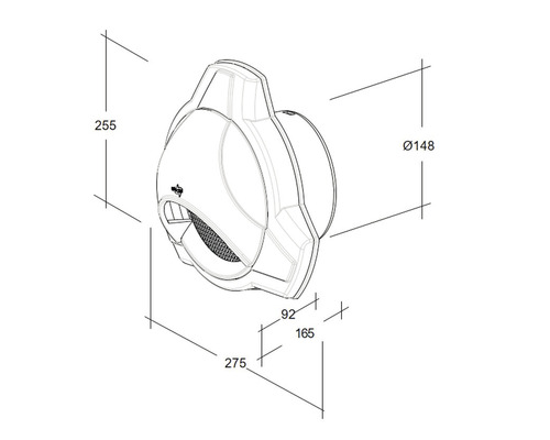 Technische Zeichnung eines Wandventilators mit Maßangaben