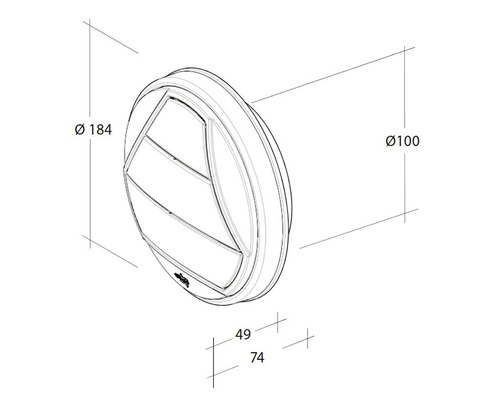 Technische Zeichnung eines runden Wetterschutzgitters mit den Maßen 184 mm Durchmesser, 100 mm Durchmesser und 49 mm und 74 mm Tiefe.