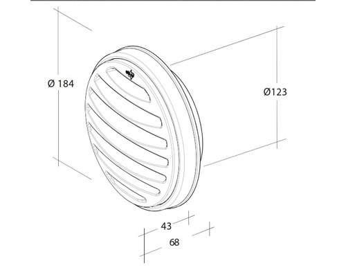 Schéma technique d''une grille de ventilation ronde avec des dimensions de 184 mm de diamètre, 123 mm de diamètre intérieur, 43 mm de profondeur et 68 mm de profondeur totale.