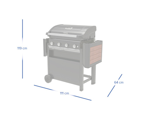 Gasgrill mit den Maßen 119 cm Höhe, 111 cm Breite und 64 cm Tiefe