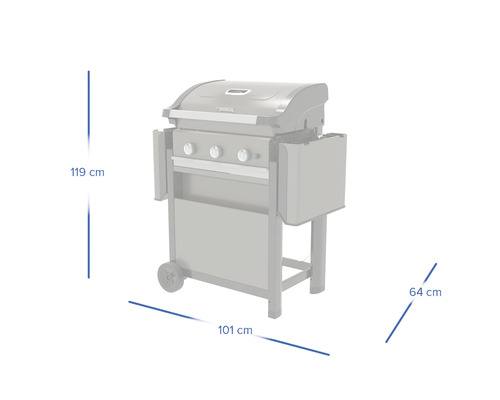Gasgrill mit den Maßen Höhe 119 cm, Breite 101 cm und Tiefe 64 cm.