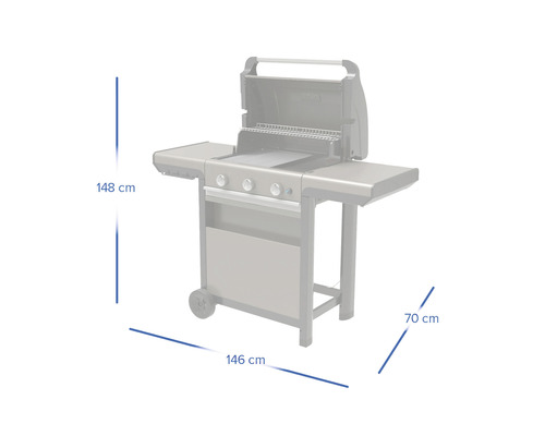 Gasgrill mit den Maßen 148 cm Höhe, 146 cm Breite und 70 cm Tiefe.