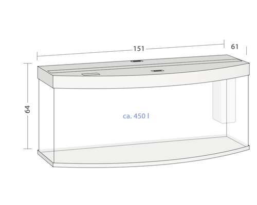 Illustration eines circa 450 Liter Aquariums mit Maßangaben