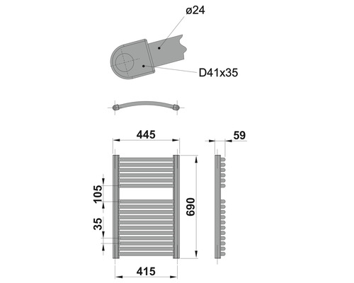 Dessin technique d''un radiateur de salle de bain avec dimensions