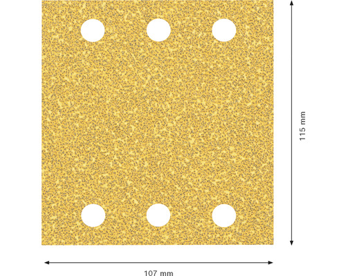 Papier abrasif avec six trous, dimensions 115 x 107 millimètres